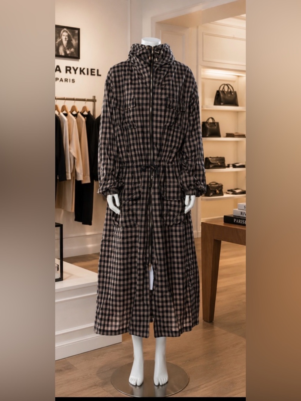 Sonia Rykiel Brown Plaid Drawstring Long Utility Jacket Trench Duster $1005 MSRP - Picture 9 of 9